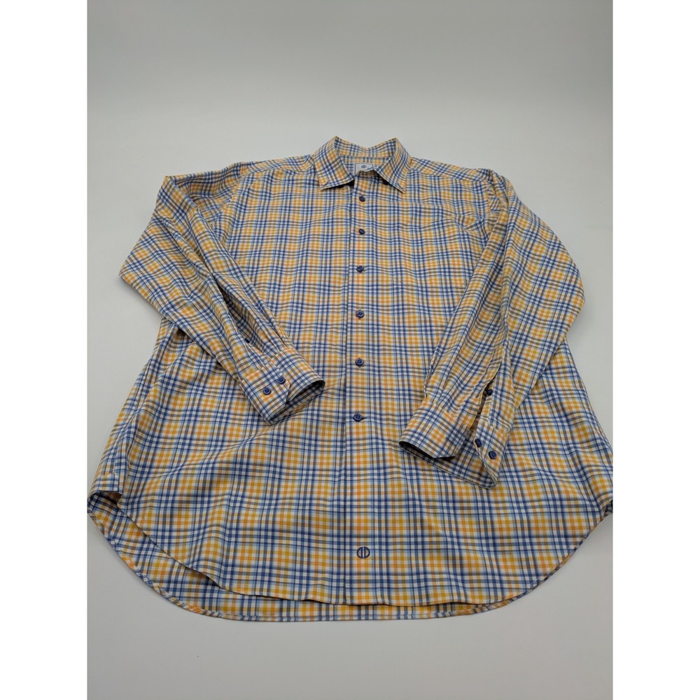 David Donahue Shirt‎ Mens XLarge XL Dress Blue Yellow Check Plaid